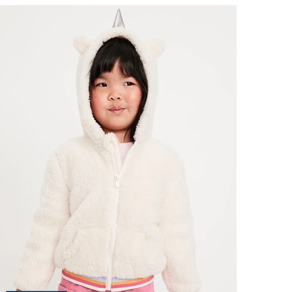 Old Navy Kids White Unicorn Sherpa Fleece Zip Hoodie Jacket Rainbow Hem 2T NEW